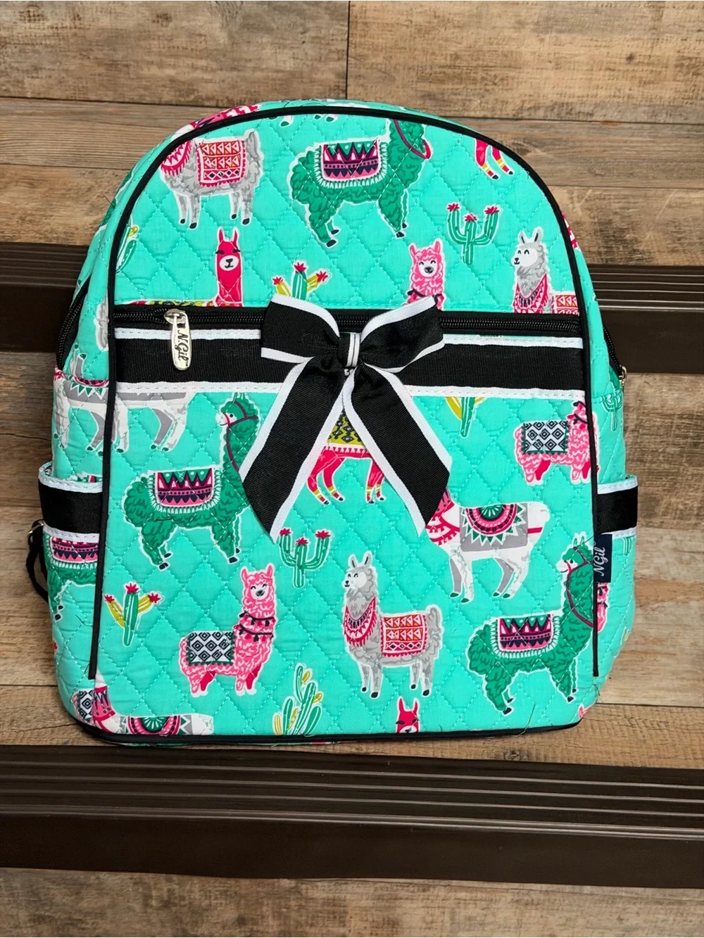 NWT Kids Turquoise Llama Print Diaper bag Backpack with Black Bow